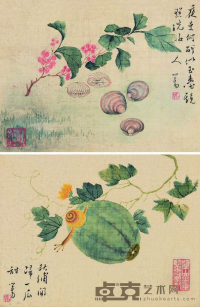 溥儒 花卉 （两帧） 镜框 17×22cm×2