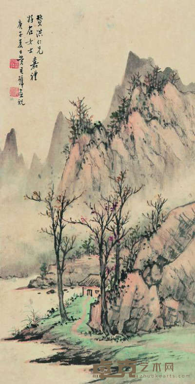 黄君璧 1960年作 水乡草屋图 镜框 57×29.5cm