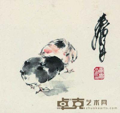 黄胄 双雏图 镜框 24.5×25cm