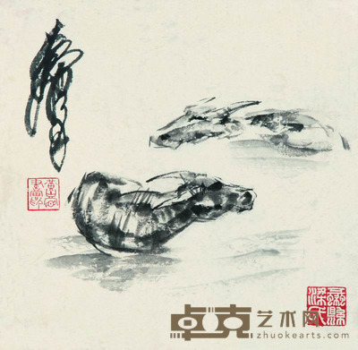 黄胄 双牛图 镜框 25×24cm