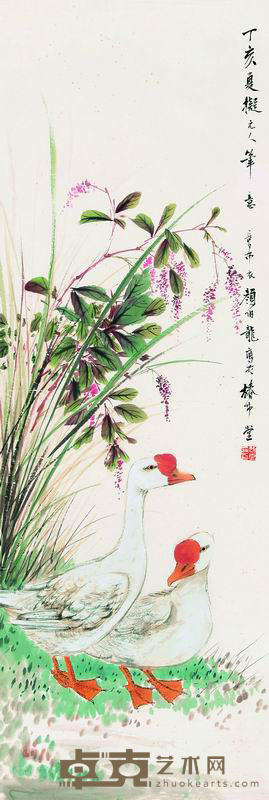 颜伯龙 1947年作 白鹅红蓼图 立轴 103×34cm