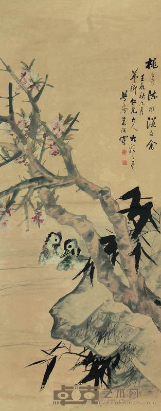 朱梦庐 1892年作 桃花文禽图 立轴 121×48cm