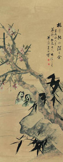 朱梦庐 1892年作 桃花文禽图 立轴