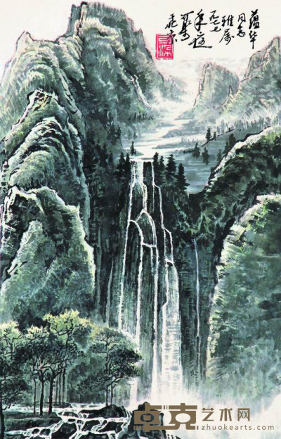 李可染 1977年作 翠嶂飞瀑图 立轴 42×28cm