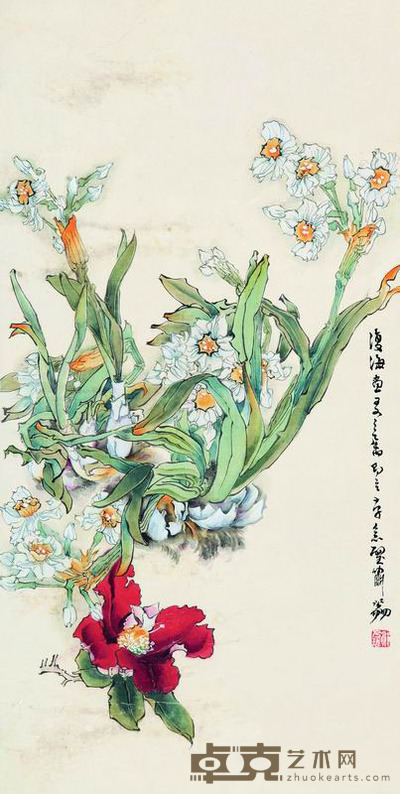 郑乃珖 水仙图 镜框 65×33cm