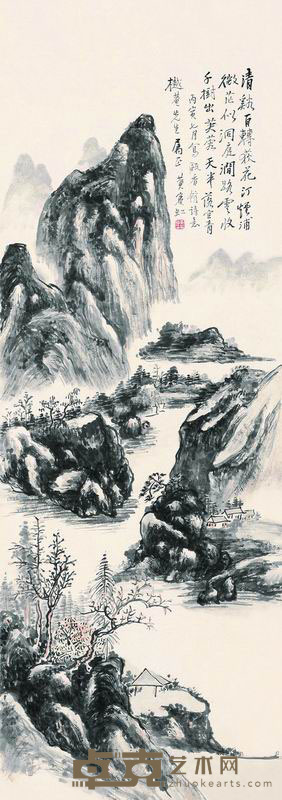 黄宾虹 1926年作 烟浦微茫图 镜框 101×35.5cm