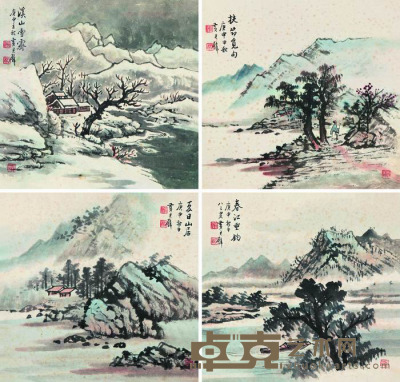 黄君璧 1980年作 山水 （四帧） 镜框 34.5×35.5cm×4