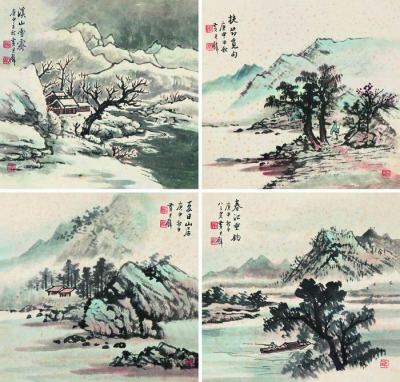 黄君璧 1980年作 山水 （四帧） 镜框