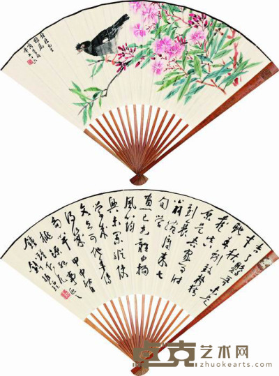 商笙伯 钱振锽 1944年作 花鸟 书法 成扇 18×48cm×2