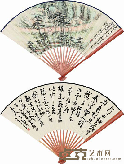 赵云壑 1943年作 山水 行书 成扇 18×51cm×2