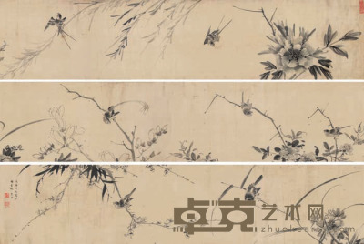 李因 1638年作 水墨花鸟卷 手卷 24×330cm