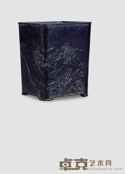 明 紫檀四方型浮雕山水笔筒 11.5×7×7cm