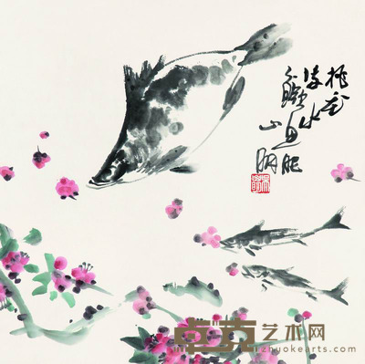 吴山明 桃花鳜鱼 立轴 44×44cm