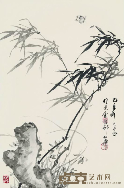 卢坤峰 2005年作 兰竹引蝶至 镜框 65×44cm