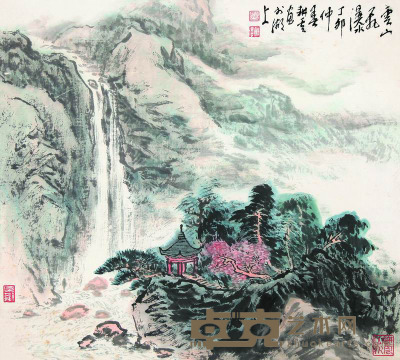 姚耕云 1987年作 云山飞瀑 镜框 44×49cm