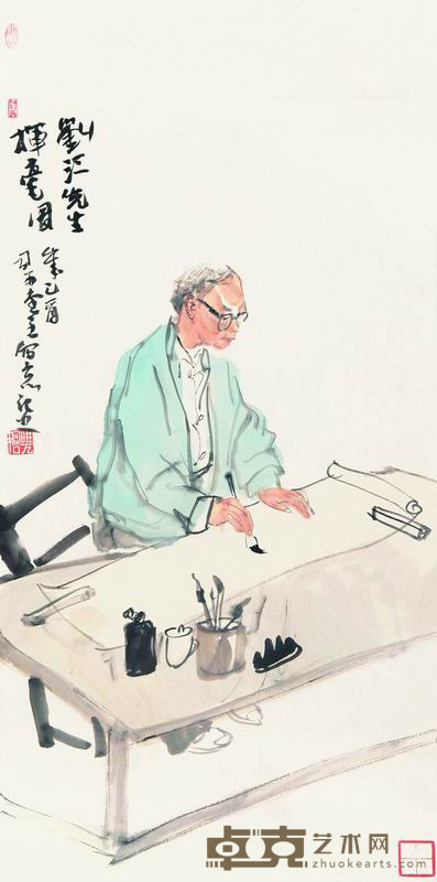 尉晓榕 2005年作 刘江先生挥毫图 镜框 71×35cm