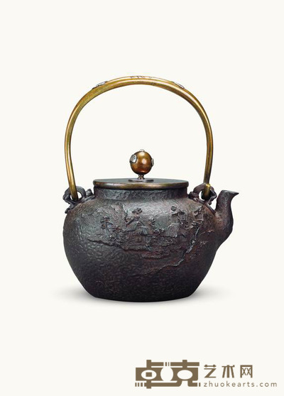 昭和 飞鸟错银提梁盛上山水家屋铁壶 20×17cm