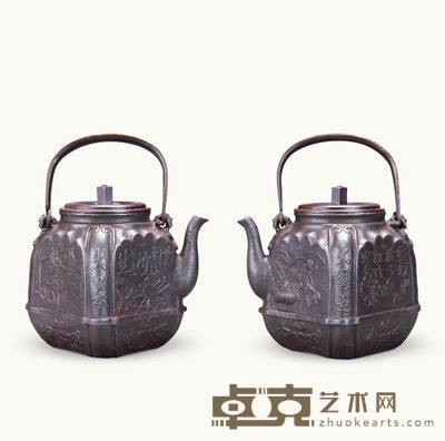 明治 山水铭文人物纹饰四方铁壶 21×14.5cm