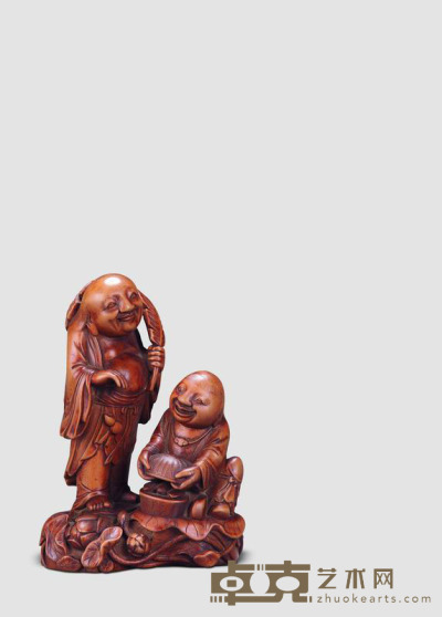 清 黄杨木雕荷和二仙人物摆件 14.5×10cm