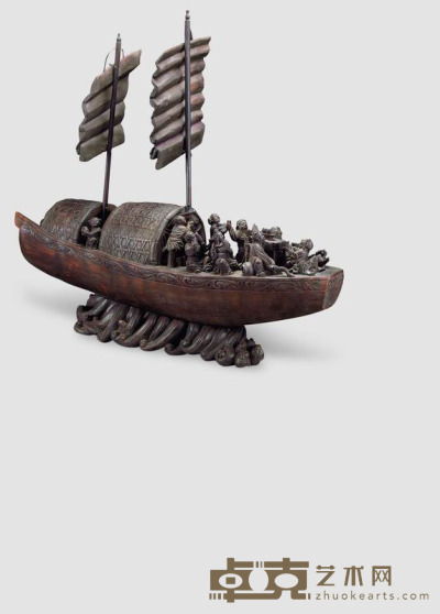 竹雕帆船人物摆件 56×62cm