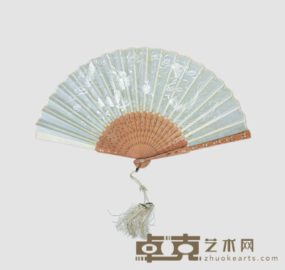 民国 檀香木制绢花折扇 13×4.8cm