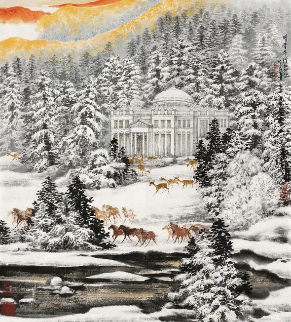 郑百重 晴雪早行 镜心