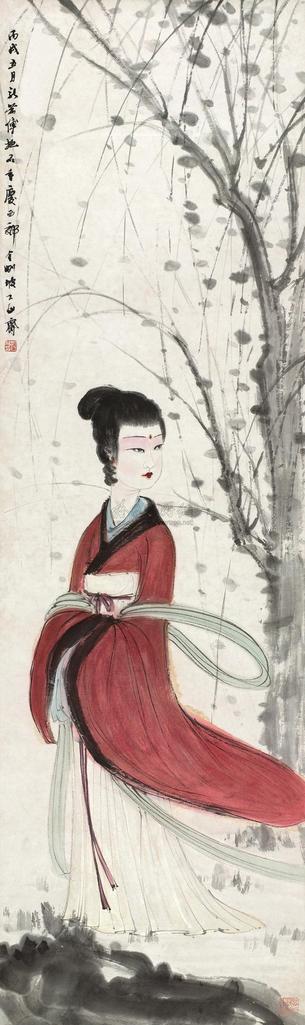 傅抱石 1946年作 红衣仕女 立轴