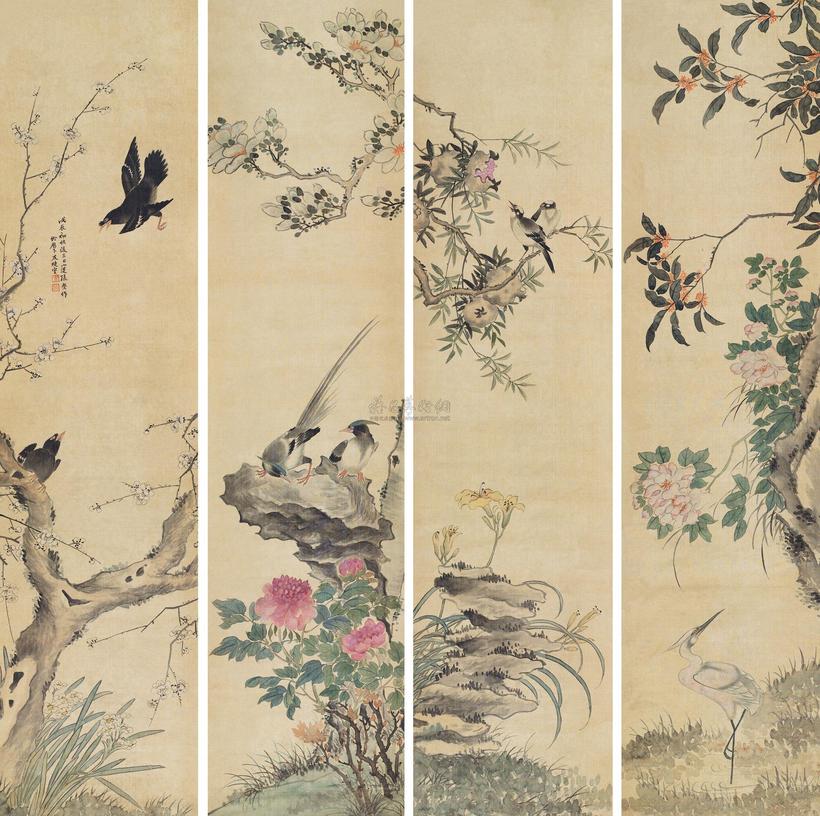 张槃 1868年作 花鸟 四屏立轴