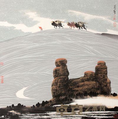 周尊圣 山水人物镜片 70×69