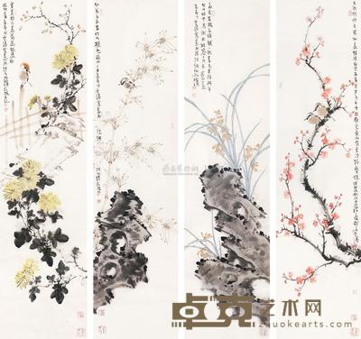 李云涛 花鸟 四条屏镜心 136×34cm×4