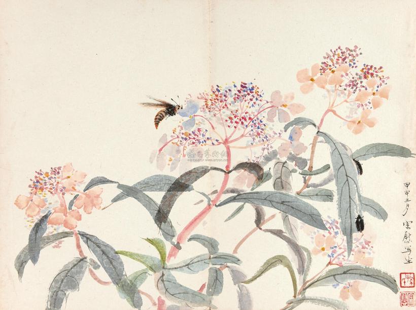 孙宗慰 蜀葵蜜蜂 册页