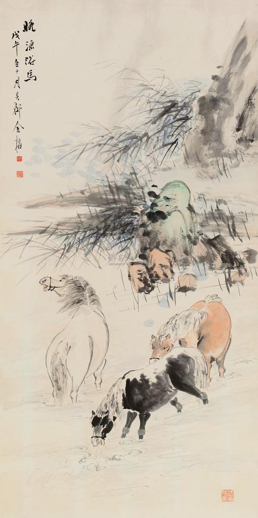 金寿石 晚凉浴马图 立轴