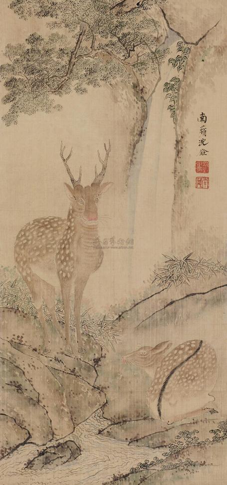 沈铨 双鹿图 立轴