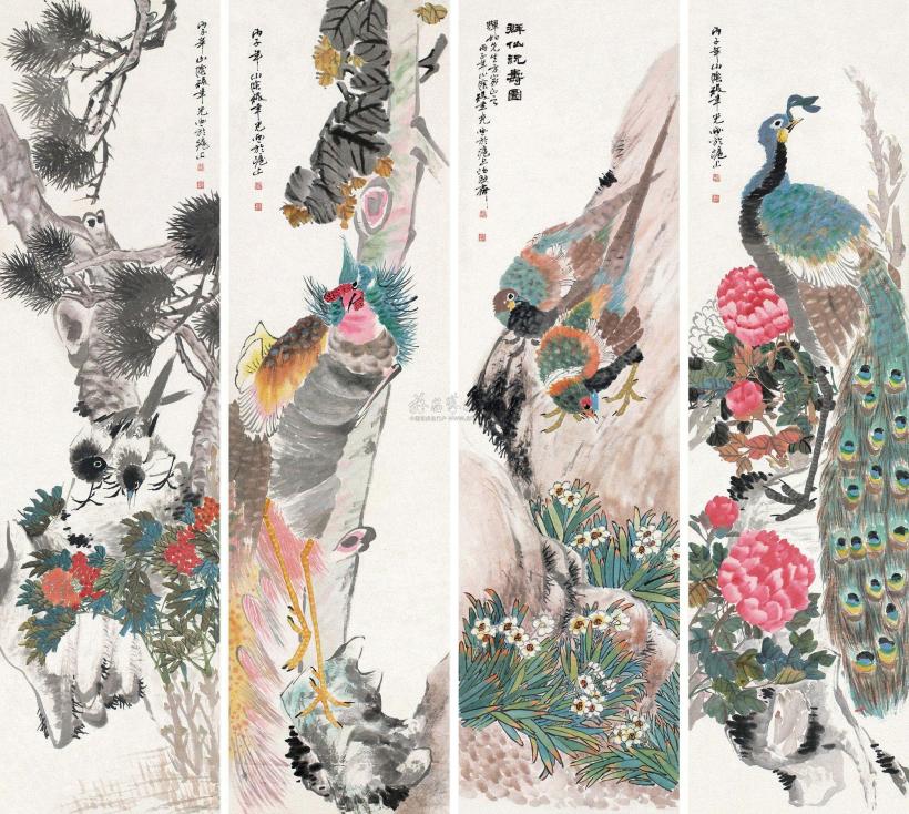 张聿光 丙子（1936）年作 群仙祝寿 （四件） 屏轴