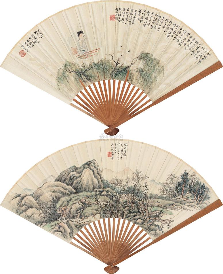 冯超然 沈塘 辛亥（1911）年作 花津美人 秋林深趣 成扇
