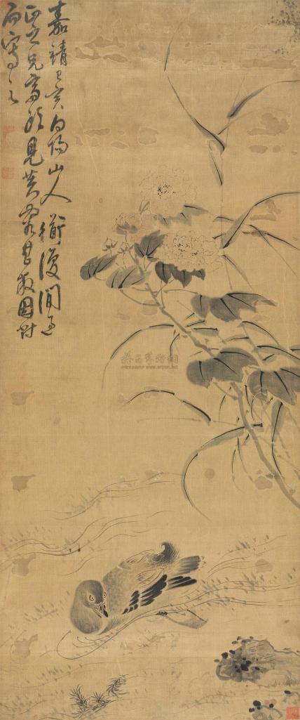 陈淳 己亥（1539）年作 蓉塘浴鹜 屏轴