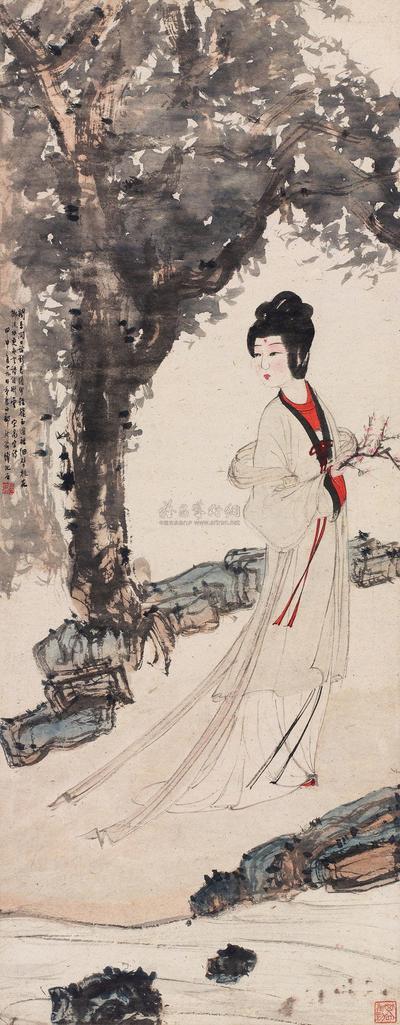 傅抱石 甲申（1944）年作 细擘桃花掷流水 镜片