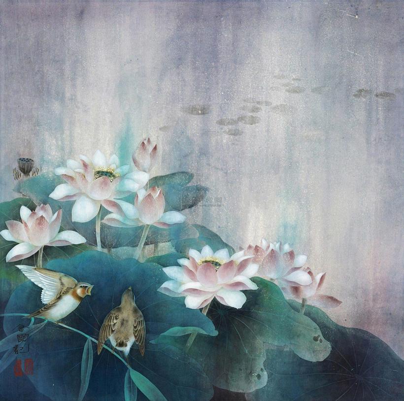 李金国 荷花小鸟 镜心