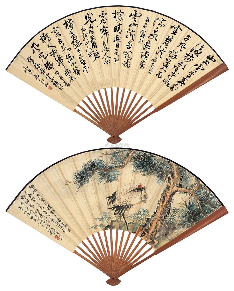 赵云壑 甲申（1944年）作 松鹤图 书法 成扇