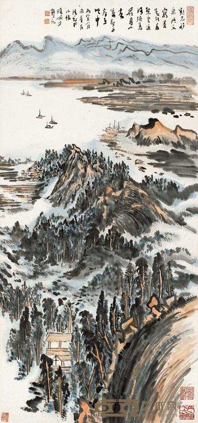 陆俨少 丙寅（1986年）作 万壑千崖 镜片 96.5×45cm