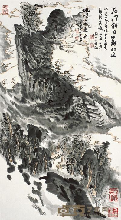 陆俨少 乙丑（1985年）作 石门斜日到林丘 立轴 75.5×41cm