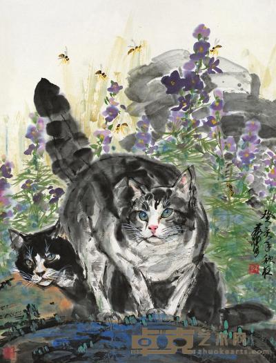黄胄 癸亥（1983年）作 猫石图 镜片 90.5×68.5cm