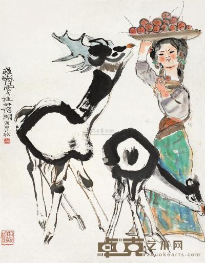 程十发 庚申（1980年）作 少女与鹿 立轴 86×66cm