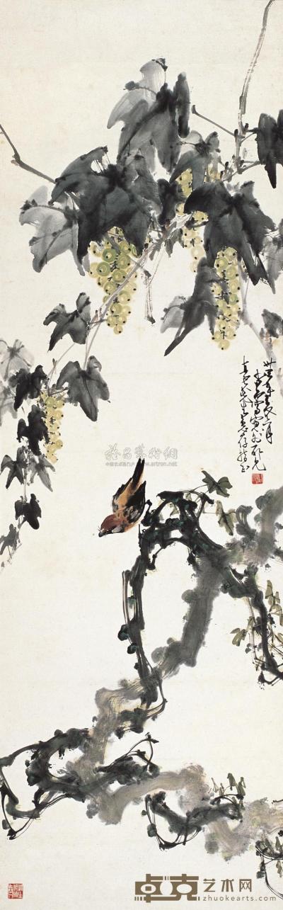 赵少昂 甲申（1944年）作 葡萄小鸟 立轴 122×38cm