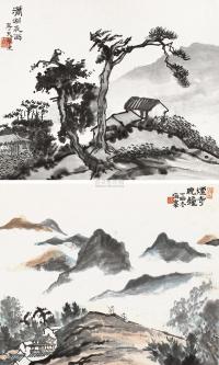 刘海粟 丁卯（1987年）作 潇湘夜雨 烟寺晚钟 双挖屏轴