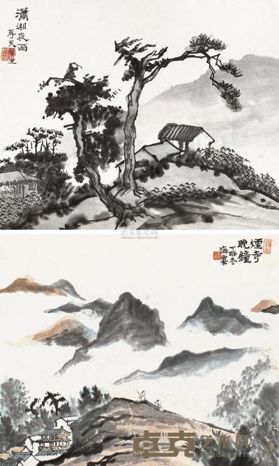 刘海粟 丁卯（1987年）作 潇湘夜雨 烟寺晚钟 双挖屏轴 35×42cm×2