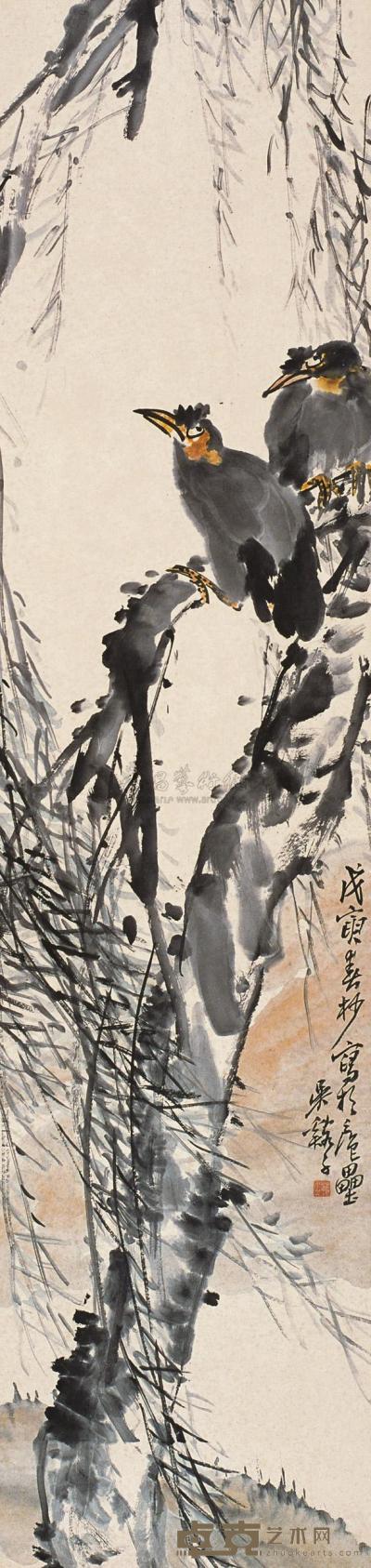 吴茀之 戊寅（1938年）作 翠柳双禽 立轴 140.5×33cm