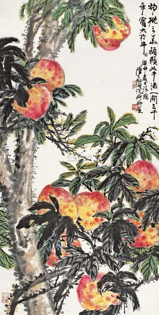 陆抑非 庚申（1980年）作 寿桃 镜片