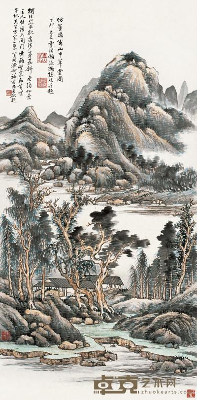 冯超然 丁卯（1927年）作 山中草堂图 立轴 104.5×51.5cm
