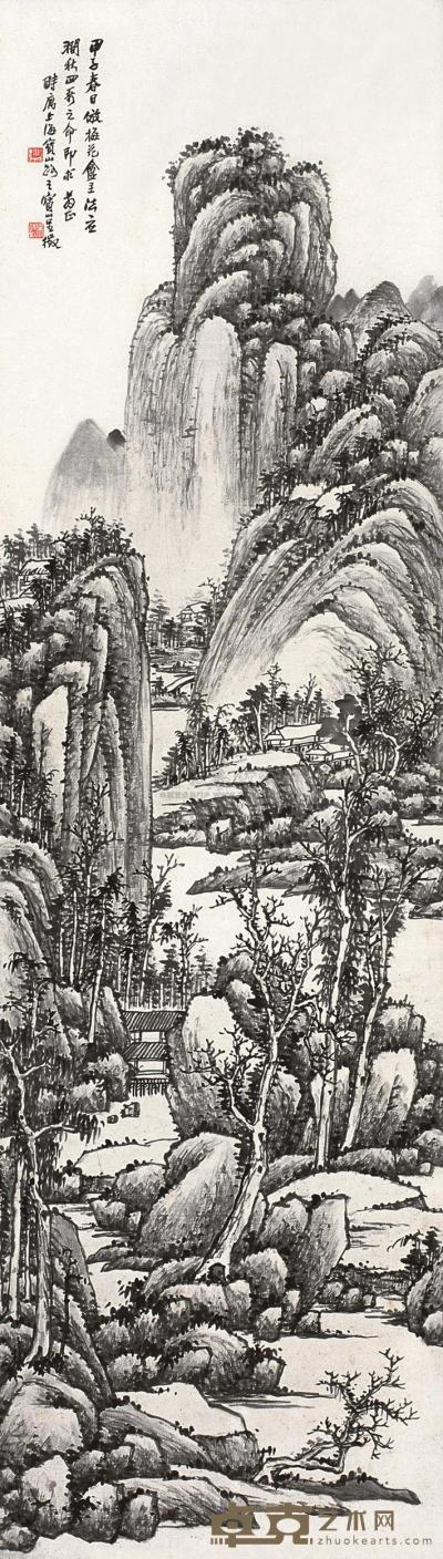 吴待秋 甲子（1924年）作 溪山图 立轴 144.5×40.5cm